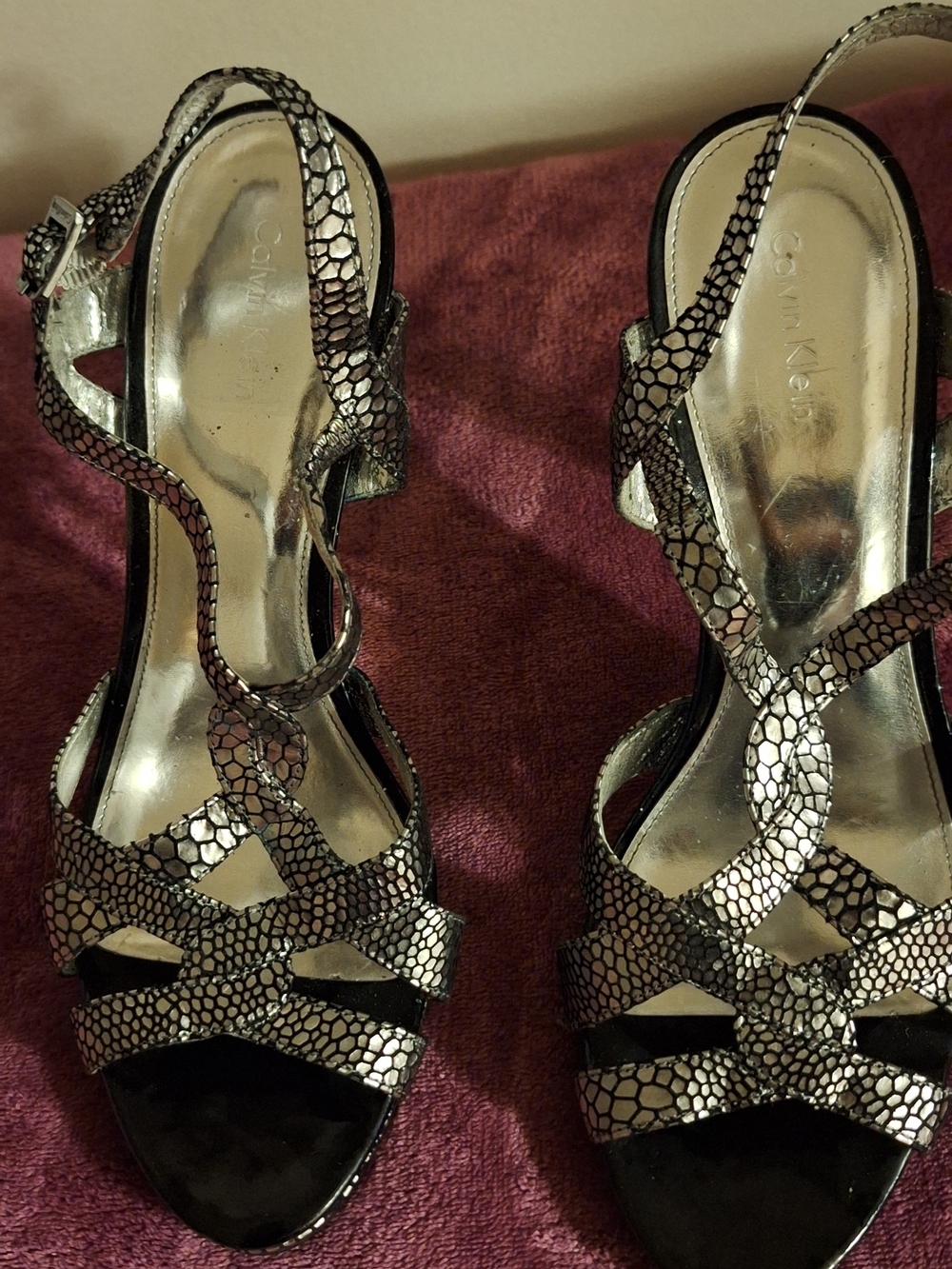Calvin Klein Silver Snake-Print Strappy Sandals - Women's